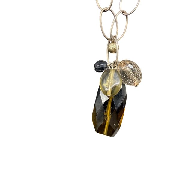 Black Beaded Green Crystal Station Charms Chain Long Necklace Silver Tone - Picture 5 of 8